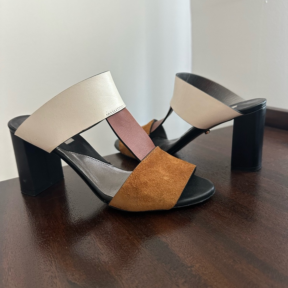 Three-Tone Block Heel Sandals in Cream, Tan & brown leather and suede